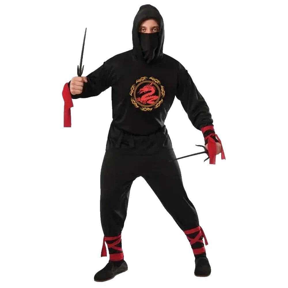 Adult Mens Ninja Costume Sz L 36-38 Black Red Dragon 3 PC Set [NO FACE SCARF]